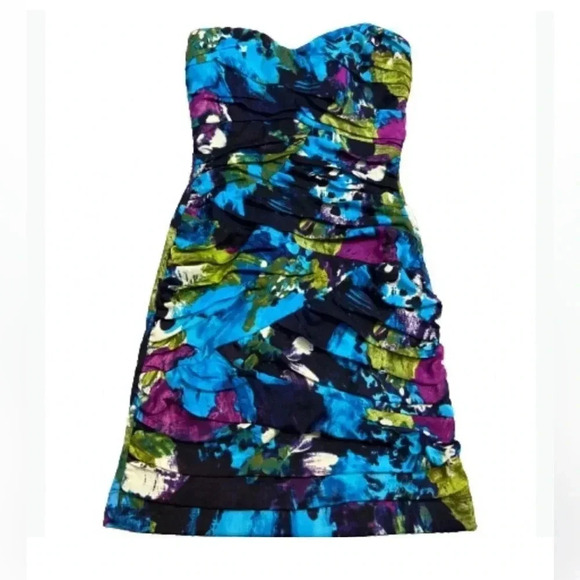 BAILEY BLUE MINI DRESS STRAPLESS FLORAL BLUE AND GREEN STRETCH SIZE MEDIUM - Picture 2 of 7